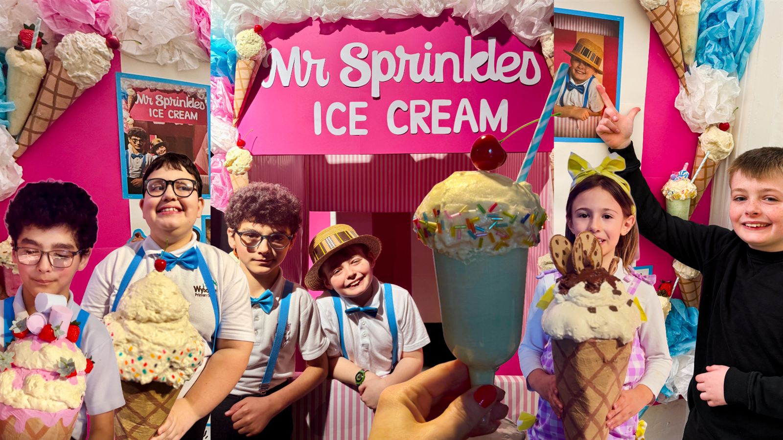 Wyborne Primary pupils in costume around the Mr Sprinkles Ice Cream Parlour production set